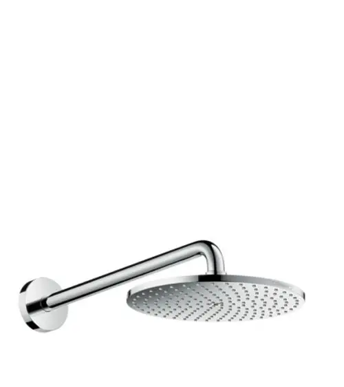 Kopfbrause mit runder, flacher Kopfplatte und Brausearm aus verchromtem Material, montiert an einer Wand, von der Marke Hansgrohe.
